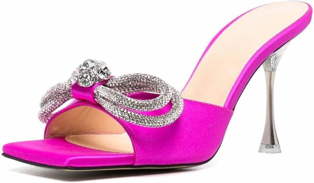 BlingQueen Women's Heeled Sandals Double Rhinestones Bow Satin Mules Square Open Toe Slip on Stil... | Amazon (US)