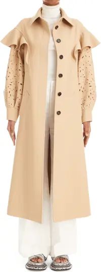 Ruffle Eyelet Sleeve Virgin Wool Gabardine Trench Coat | Nordstrom