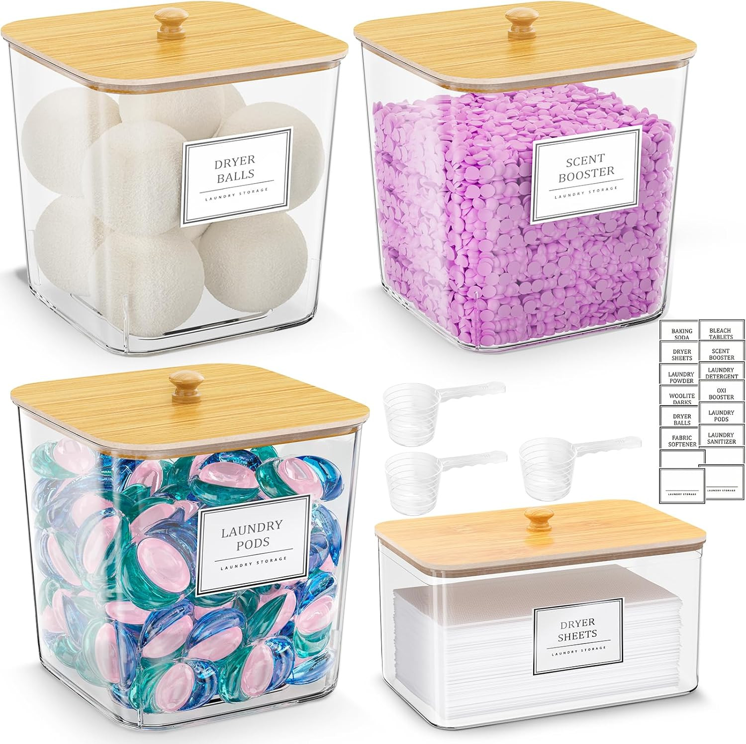 3+1 Pack Laundry Pods Container,Clear Laundry Room Organization Containers,Large Laundry Detergent Powder Storage Containers with Bamboo Lids & Labels,Laundry Pods Holder for Scent Booster,Powder,Pods | Amazon (US)