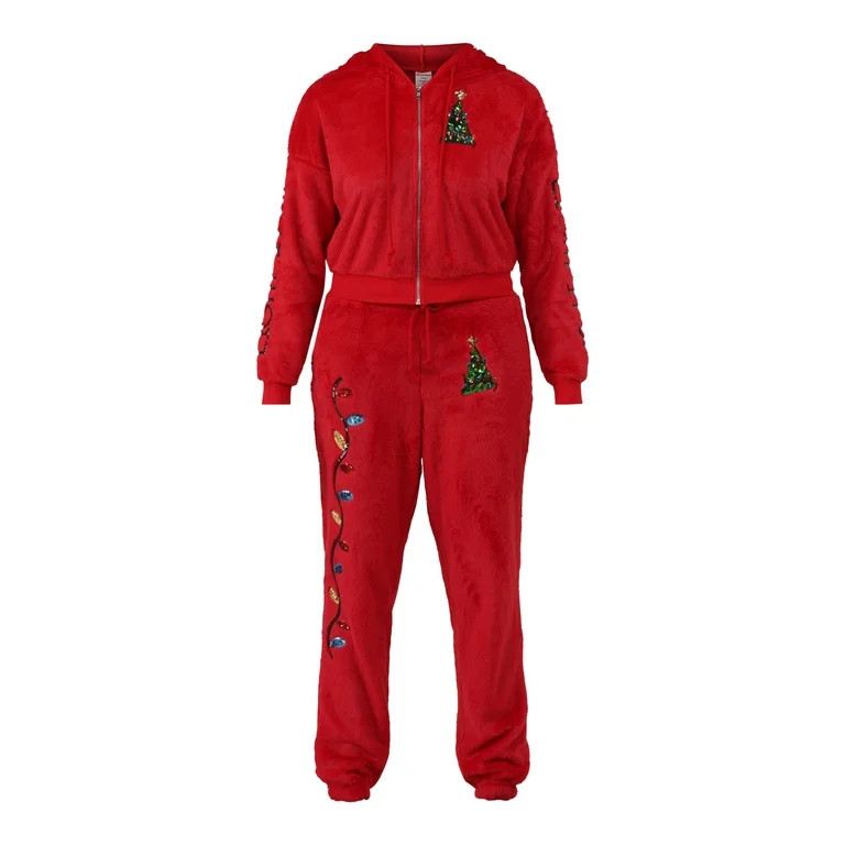 No Boundaries Faux-Fur Christmas Track Suit, 2-Piece, Women's and Women's Plus | Walmart (US)