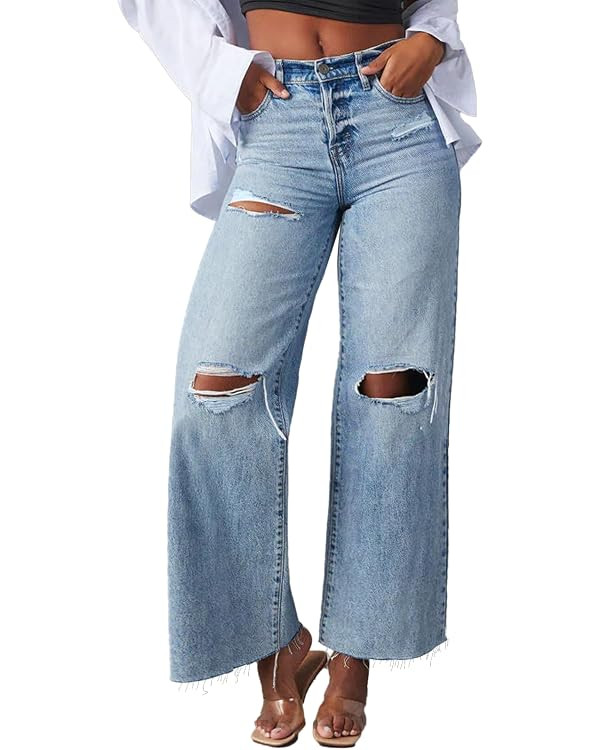 Allimy Women's High Waisted Straight Ankle Wide Leg Ripped Jeans Frayed Hem Stretchy Capri Denim ... | Amazon (US)