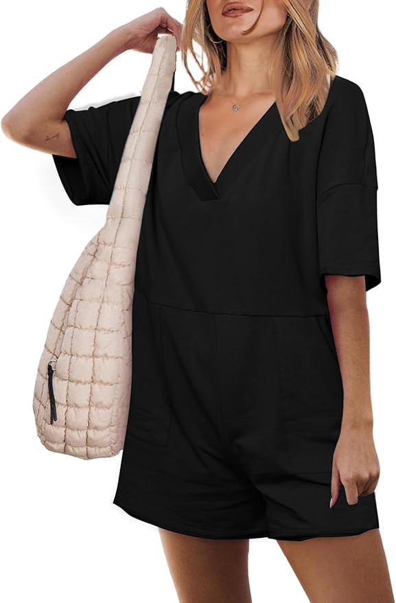 Glamaker Women's Oversized Casual Rompers Summer Outfits Workout Tee Rompers V Neck Loose Short S... | Amazon (US)