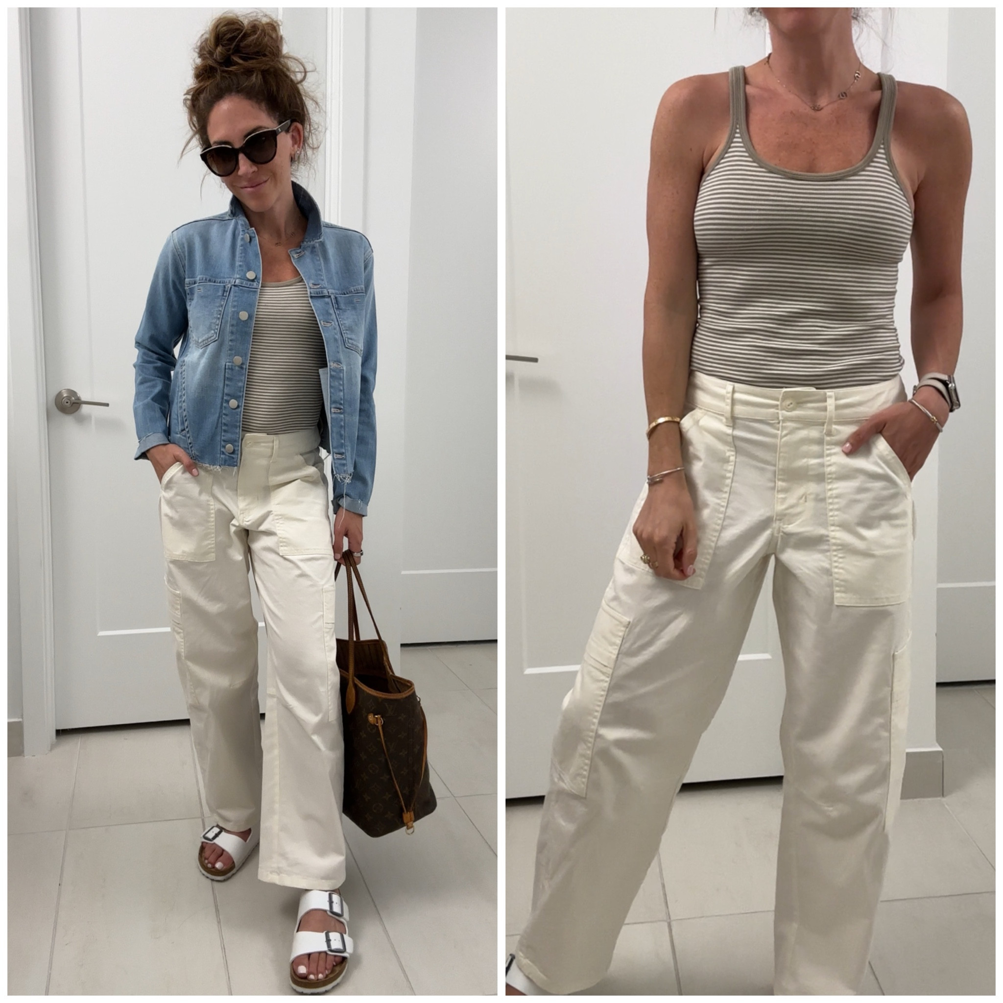 Obsessed with these pants, such a good find. 

The denim jacket is hard to find in this exact wash, but the same exact style is available in other washes/ colors. 

Wearing striped tank, relaxed cargo pants, denim jacket, white Birkenstocks, LV never full tote

#LTKSeasonal #LTKStyleTip #LTKFindsUnder100