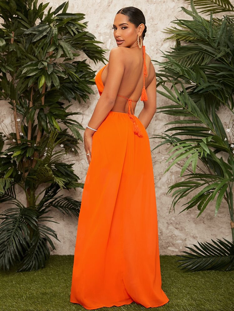 New
     
      SHEIN X EvetteXO Halter Neck Tassel Detail Maxi Dress | SHEIN