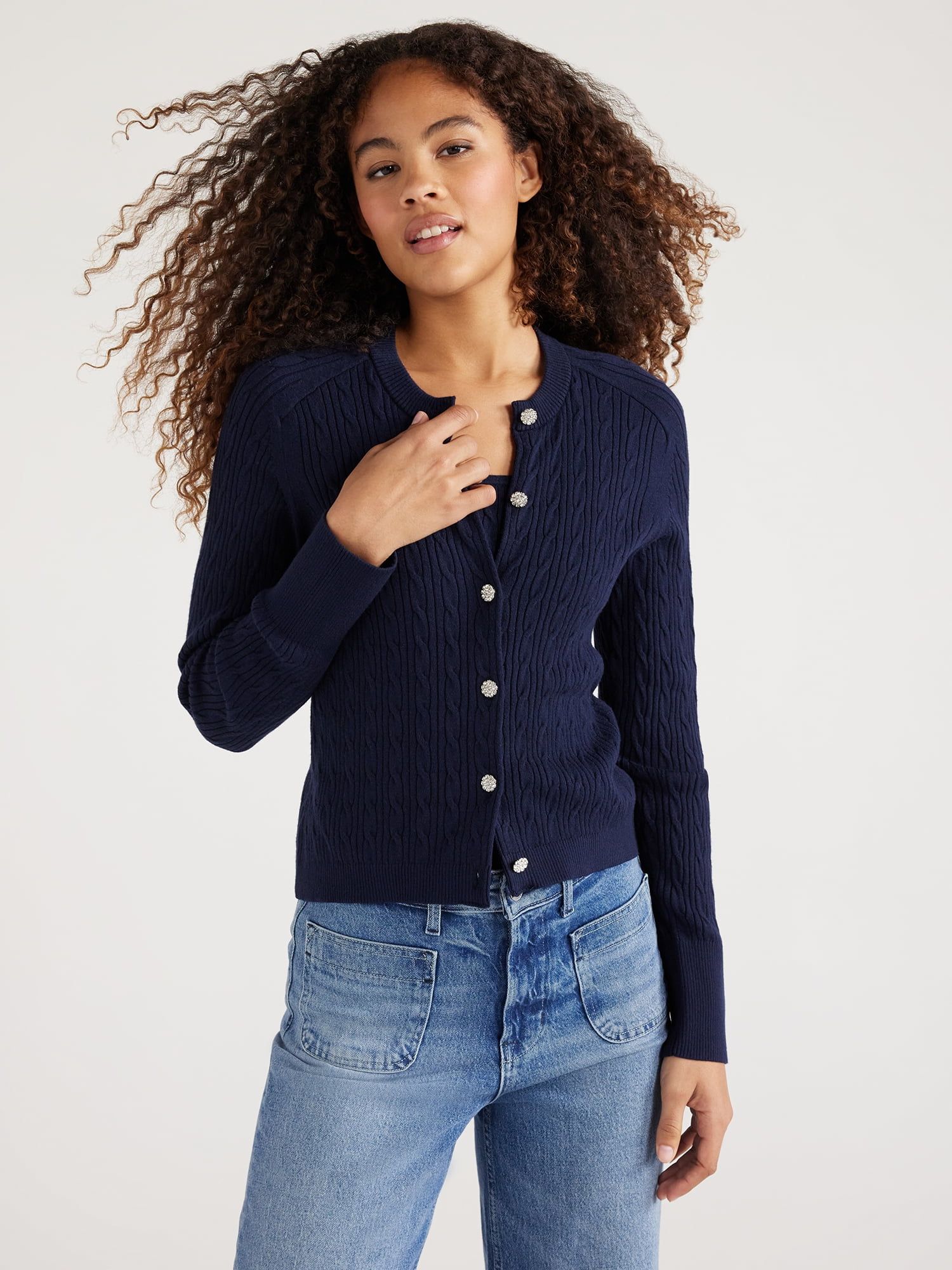 Free Assembly Women’s Cable Knit Cardigan Sweater with Long Sleeves, Lightweight, Sizes XS-XXL | Walmart (US)