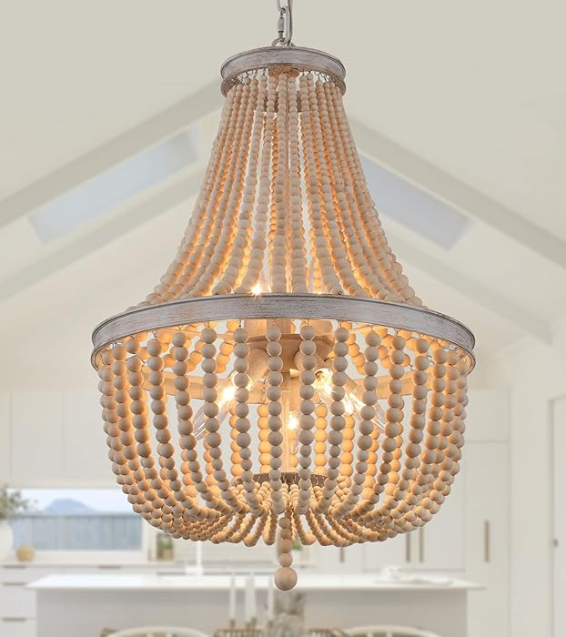 Q&S Farmhouse Wood Beaded Chandelier,Oak White 8-Lights Retro Vintage Antique Rustic Boho Pendant... | Amazon (US)