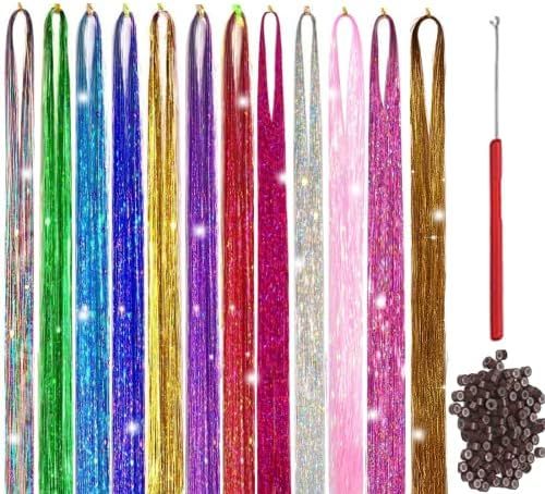 Hair Tinsel Kit With Tool 4200 strands Tinsel Hair Extensions 12 Colors Fairy Hair Tinsel, Sparkl... | Amazon (US)