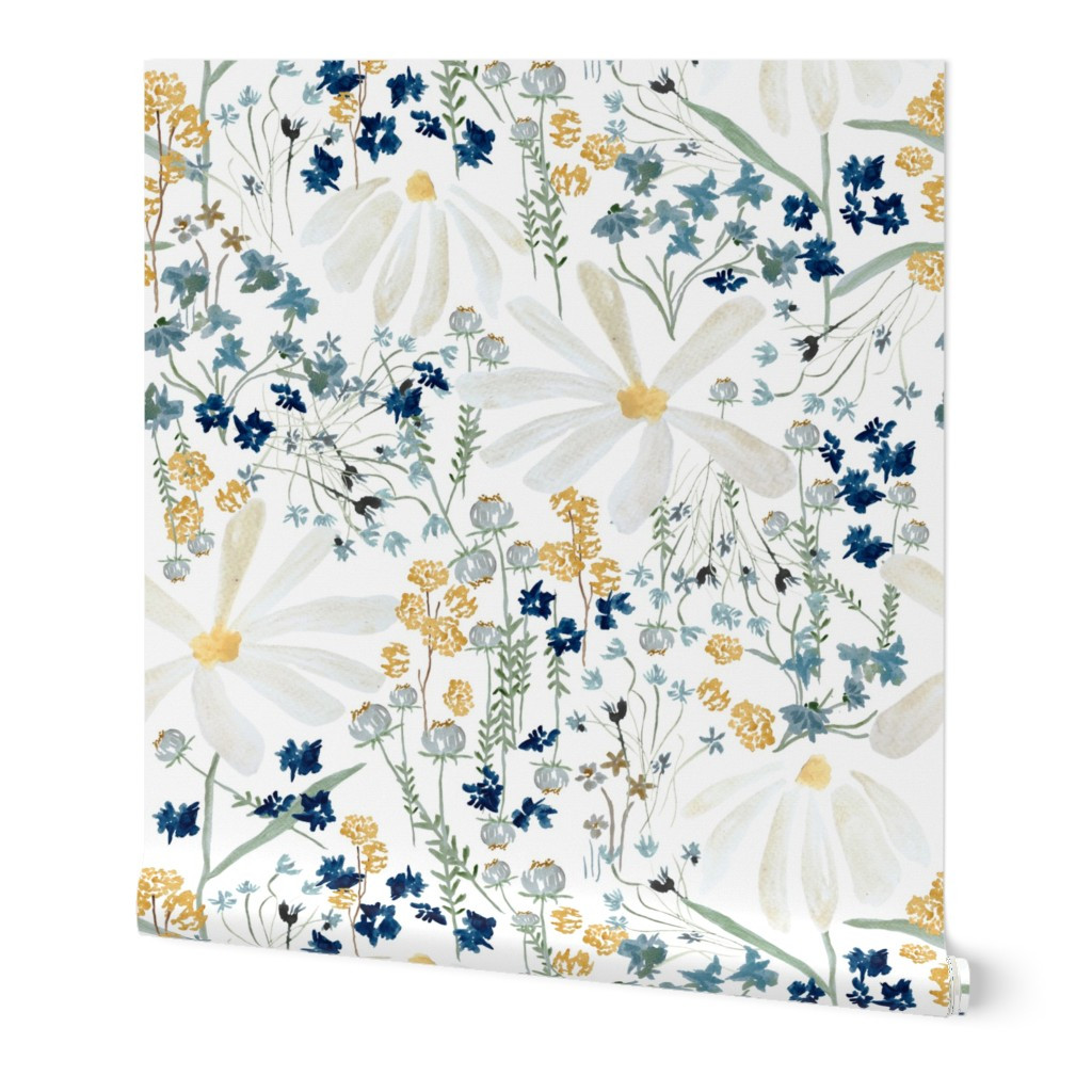 Large Blue and White Daisy Flowers Teal Vintage Floral Nursery Wallpaper Wallpaper | Spoonflower | Spoonflower