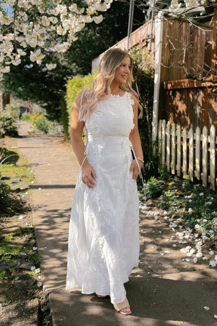 White Floral Eyelet Maxi Dress for Bride | Bridal Shower Dress | Confête