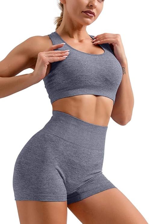 HYZ Women's Sleeveles 2 Piece Outfits High Waist Workout Shorts Yoga Sports Racerback Bra Sets | Amazon (US)