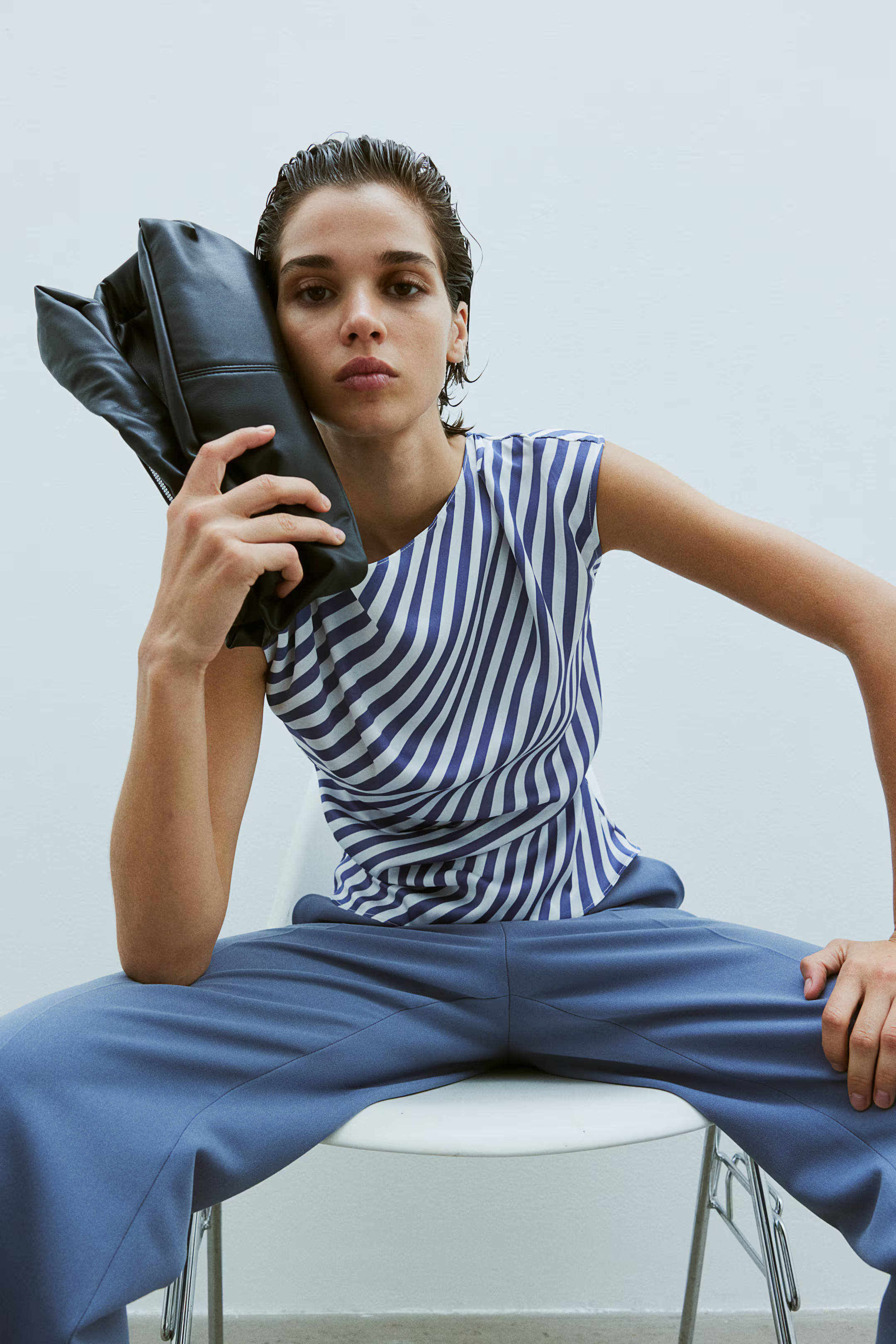 Draped Satin Top - Cowl Neck - Sleeveless - Blue/striped - Ladies | H&M US | H&M (US + CA)