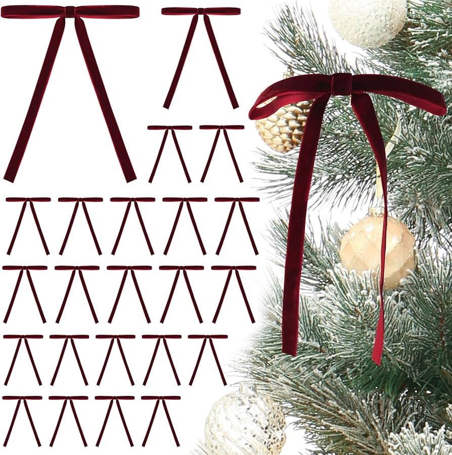 24 Pcs Burgundy Velvet Bows for Christmas Tree,Dark Red Velvet Bows Ornaments Christmas Tree Bow ... | Amazon (US)