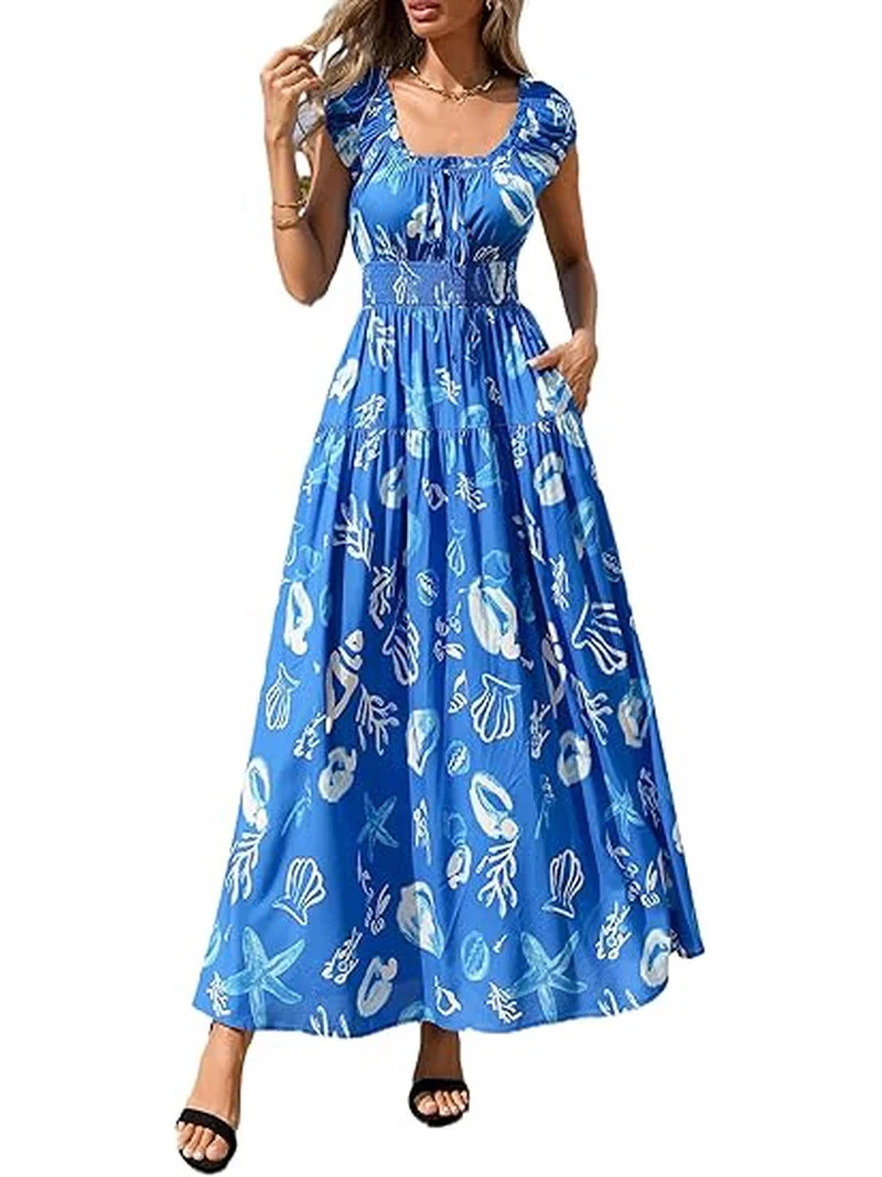 PRETTYGARDEN Women's Boho Maxi Dress Summer Cap Sleeve Long Flowy Beach Vacation Floral Sundresse... | Walmart (US)