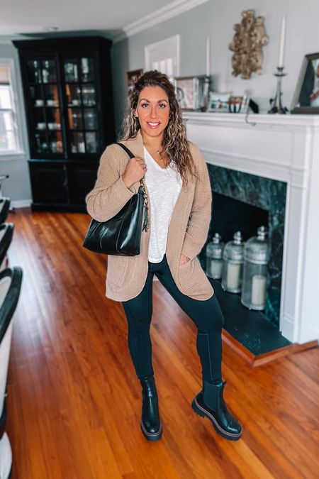 Simple and comfy everyday chic. Loving this versatile Amazon cardigan paired with basic T and tights, and the most comfortable high quality structured boots. This roomy real leather bag is another perfect staple with beautiful detailing that goes with everything.

#LTKSeasonal #LTKstyletip #LTKGiftGuide