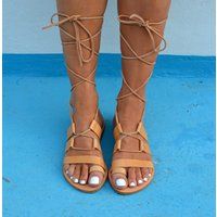 Leather Gladiator Sandals, Tie Up Lace Sandals, Spartan Natural Leather Sandals , Strappy ""'dinami' | Etsy (US)