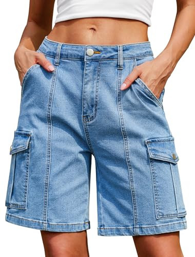 IWD Denim Cargo Shorts Women Bermuda Jean Shorts Knee Length 7 Inch Inseam Long Shorts Elastic Waisted 2025 Jean XL | Amazon (US)