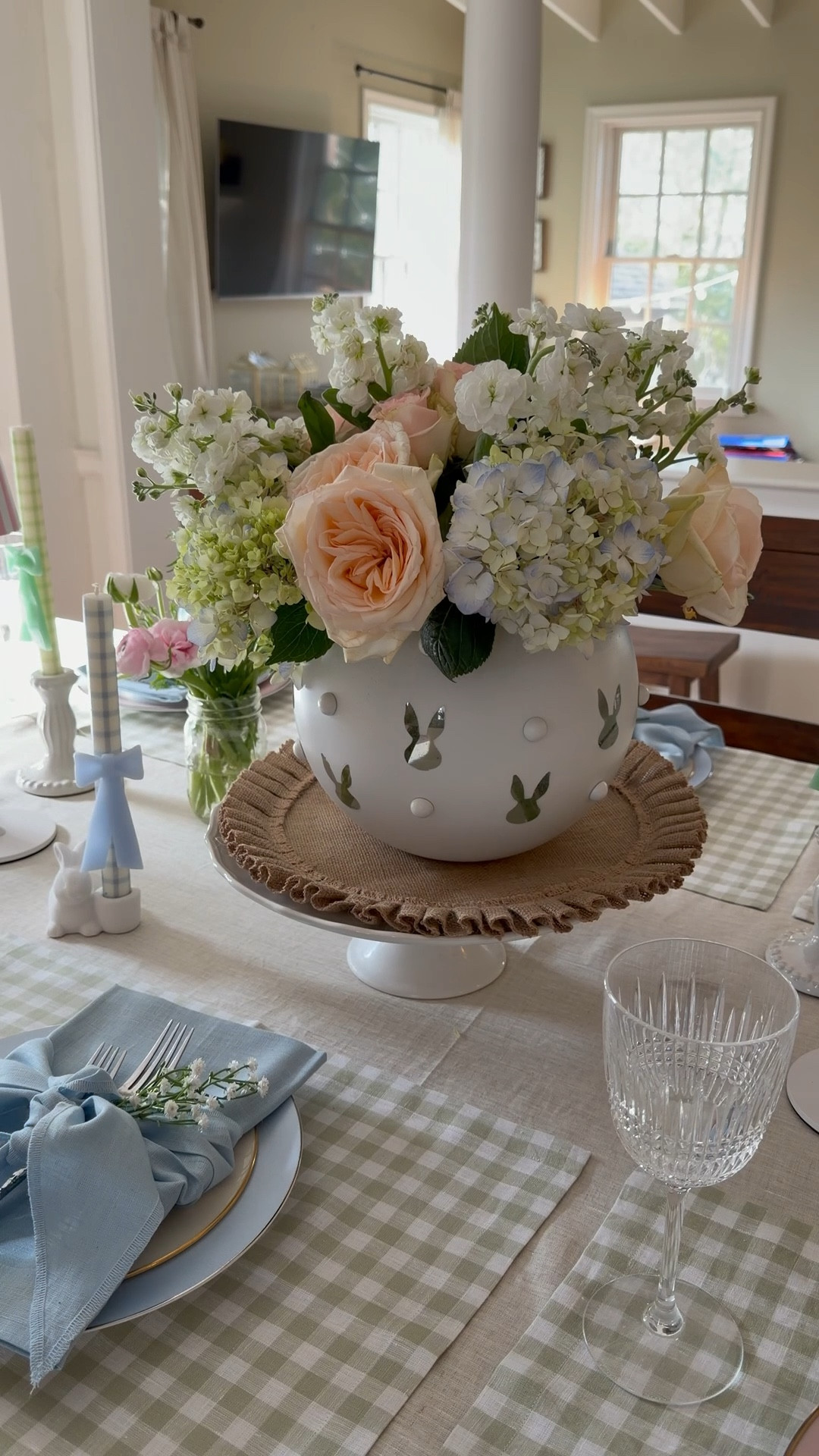 DIY Bunny Vase: all you need is a vase, bunny stickers, dot stickers and white spray paint to make this adorable vase that is perfect for any Easter table! Looking back I almost wish I left the stickers on to give it a raised bunny look, so I might try that next time! 