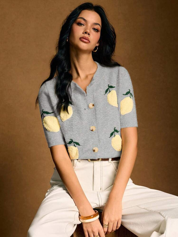 Poéselle Lemon Embroidery Casual Knit Short Sleeve Cardigan | SHEIN