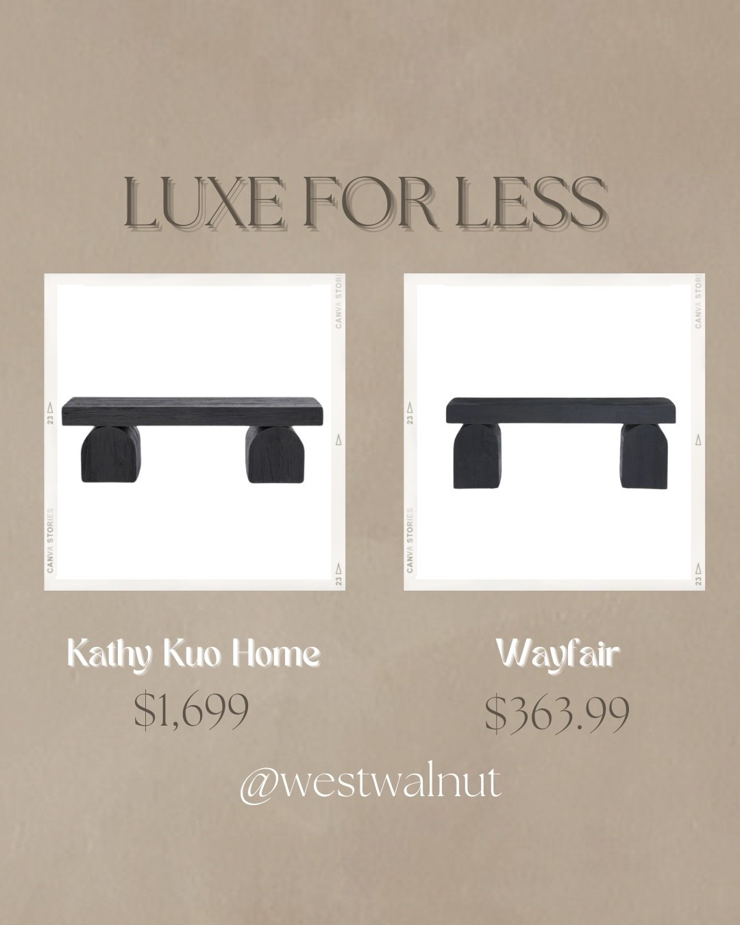 Sculptural Bench Luxe For Less

On the left is the Kara Global Bazaar Black Solid Wood Bench from Kathy Kuo Home, also known as the Keane Bench designed by Four Hands. This beautiful bench is constructed from solid reclaimed elm wood and solid nettlewood.
Dimensions: 17.75” H x 59.75” W x 16.25” D 

On the right is the Holgrove Accent Bench from Wayfair. While it’s not specified which type, the description states this bench is made from solid wood!
Dimensions: 18'' H X 50'' W X 16'' D Considering the similar sillhouette and aesthetic of the Wayfair I’m pretty impressed by the Wayfair price! Especially with the dimensions not being drastically different.

#modernbench #organicmodern #modernfurniture #neutralstyle #affordablefurniture #homeonabudget 

#LTKHome