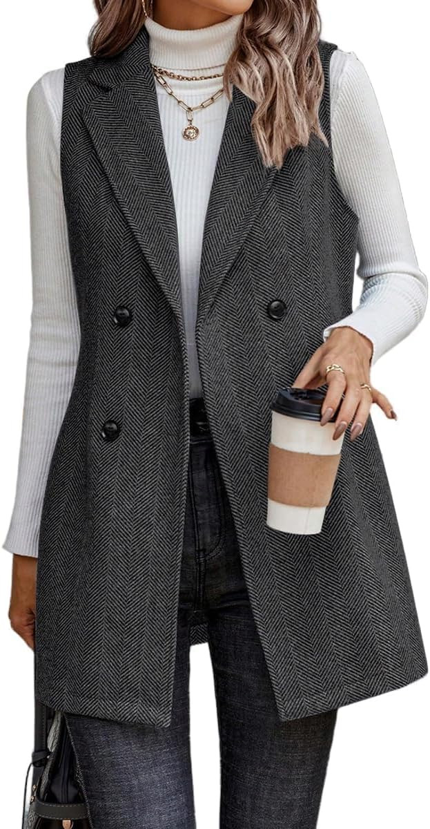 Long Vest for Women Sleeveless Tweed Blazer Fall Jackets Cardigan Outerwear | Amazon (US)