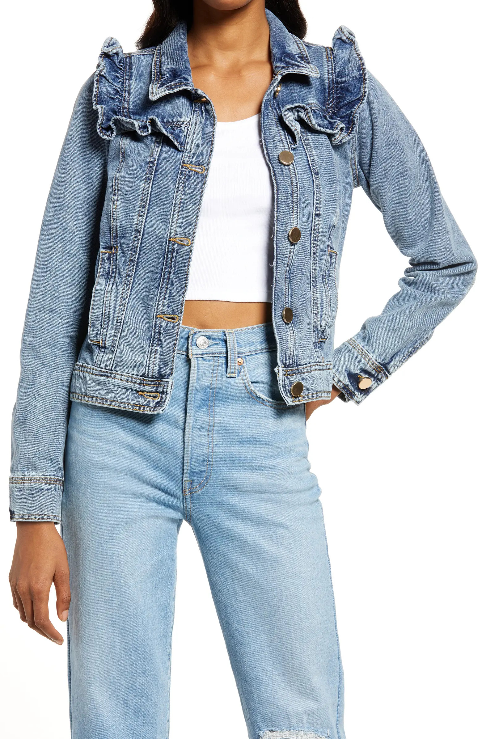 RIVER ISLAND Frill Denim Trucker Jacket | Nordstrom | Nordstrom