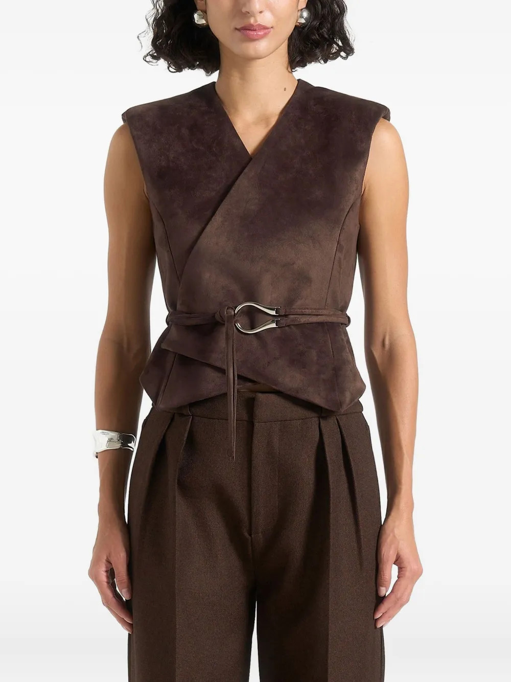 Manière De Voir Jeanne belted wrap suede-effect brown waistcoat | Farfetch Global