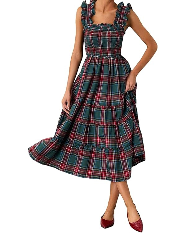 Women Sleeveless Plaid Print Maxi Dress Ruffled A-Line Party Dresses Vintage Summer Sundresses Be... | Amazon (US)