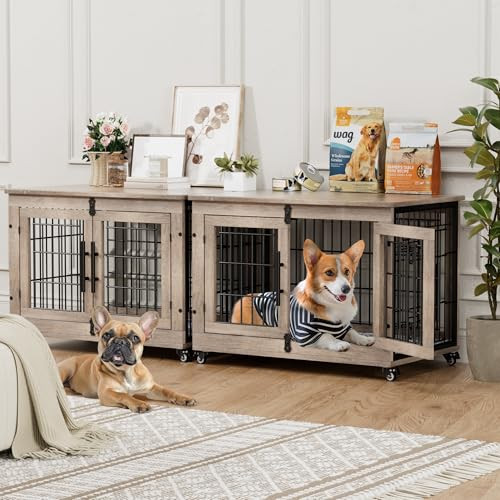 Dog Crate Furniture with Cushion Set of 2, Wooden Dog Kennel Indoor with Wheels & Double Doors, Dog Cage Side End Table for Medium Small Dogs up to 45 lb, 32.5” L, Grey | Amazon (US)