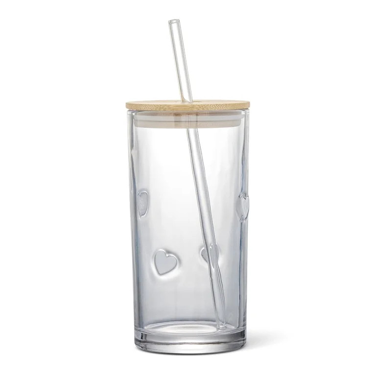 Thyme & Table 16 fl oz White Heart Charm Sipper with Glass Straw and Wood Lid | Walmart (US)