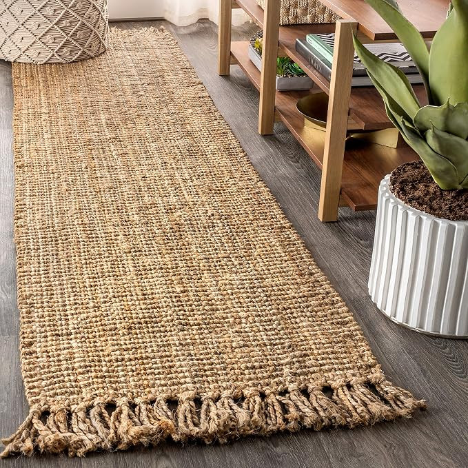 JONATHAN Y Handwoven Jute Fringe Natural Runner Rug, 2x8, Pata, Bohemian, Rustic, Cottage, Easy-C... | Amazon (US)