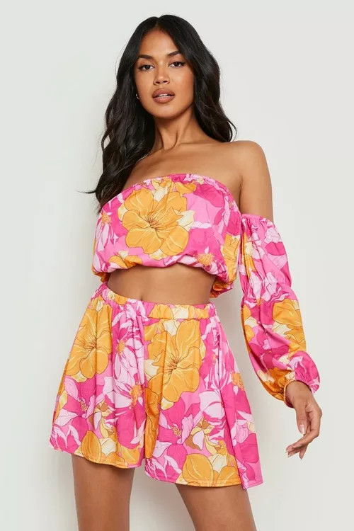 Floral Jersey Bardot Crop & Flippy Shorts | Boohoo.com (US & CA)