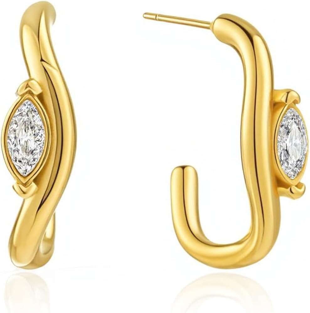 14K Gold Plated CZ Hoop Dangle Earrings for Women, Hypoallergenic Stainless Steel Huggie Earrings... | Amazon (US)
