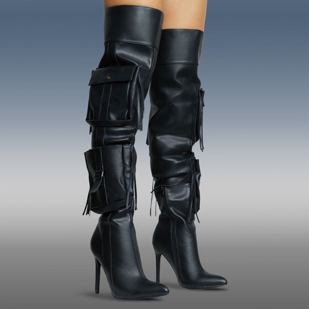 Rough-Rider Multi Pocket Detail Pointed Toe Stiletto Heel Over The Knee Thigh High Boot In Black ... | EGO Shoes (US & Canada)