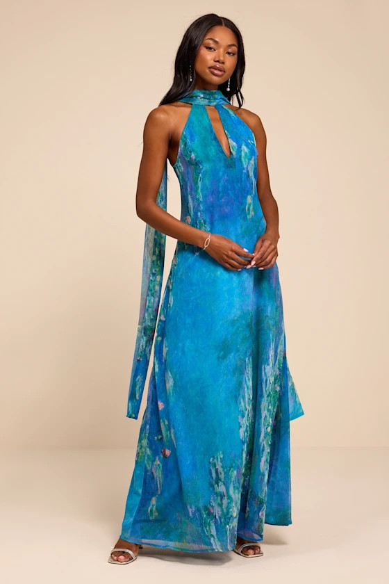 Calixta Blue Abstract Chiffon Sash Shift Maxi Dress | Lulus