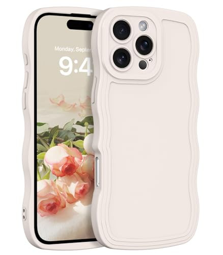 YINLAI Designed for iPhone 16 Pro Case 6.3-Inch, iPhone 16 Pro Phone Case Cute Curly Wave Frame Shape Slim Soft TPU Bumper Women Girls Shockproof Protective Case Cover, White/Stone | Amazon (US)