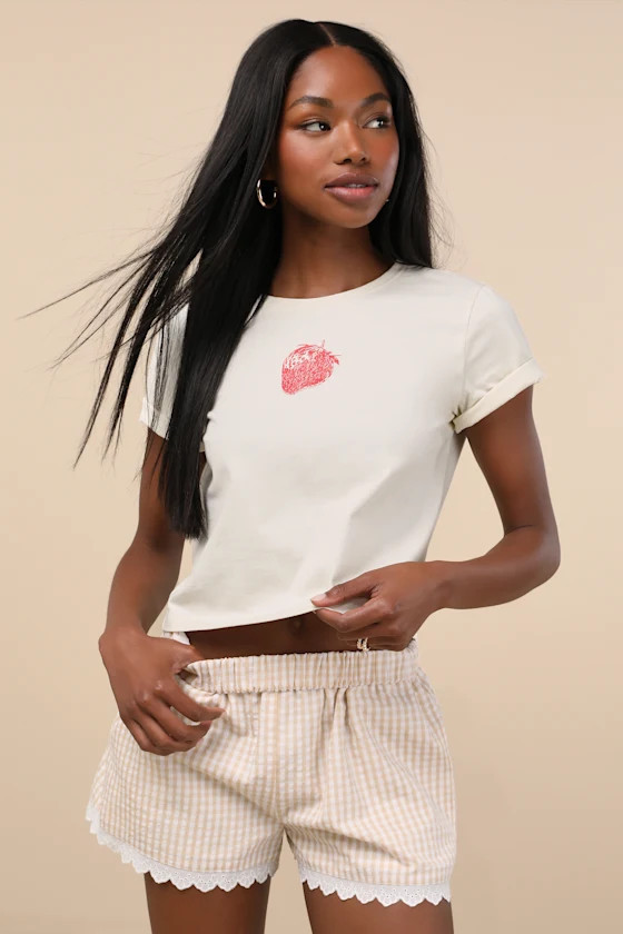 Marija Beige Gingham Scalloped Shorts | Lulus