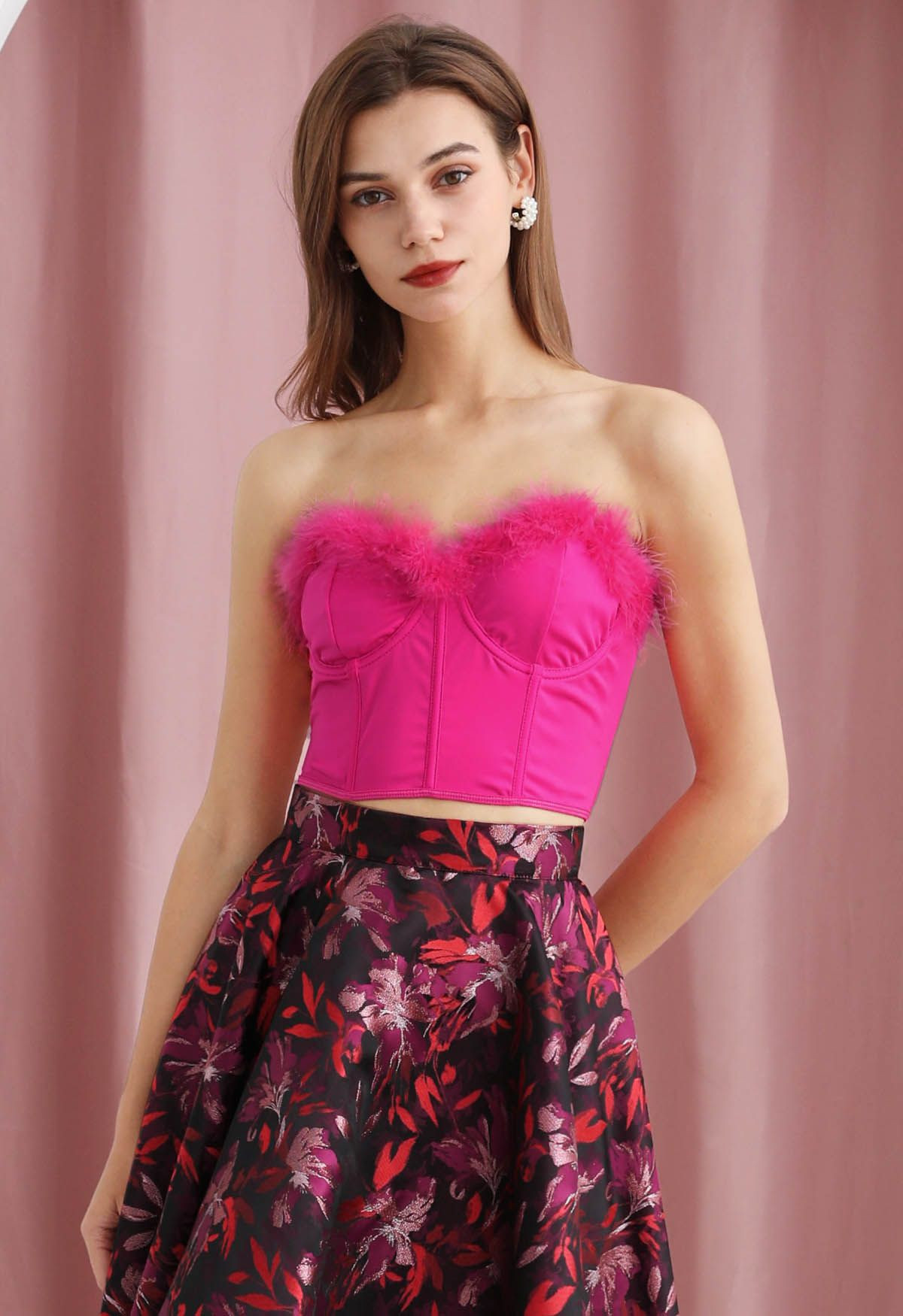 Feather Trim Bustier Crop Top in Hot Pink | Chicwish