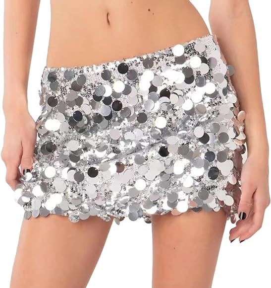 Sinleey Womens Sparkly Shiny Sequins Mini Skirt Elastic Waist Bodycon Short Skirts Clubwear Party... | Amazon (UK)