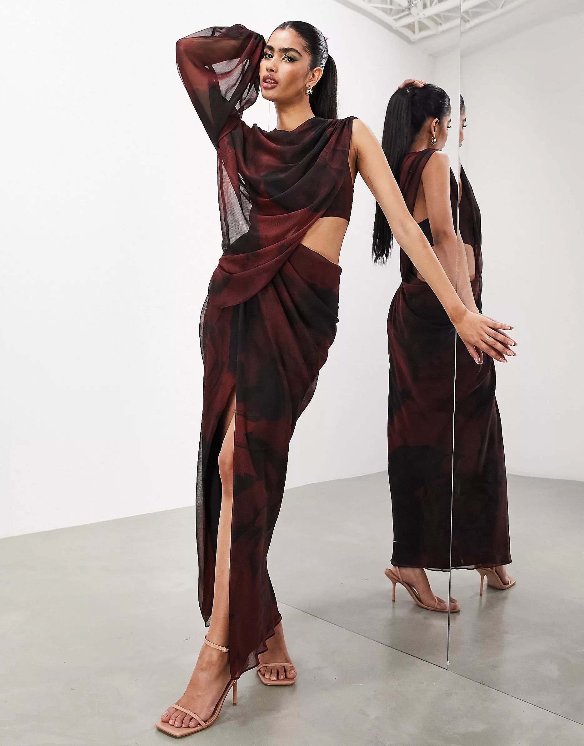 ASOS EDITION one-sleeve draped asymmetric Grecian maxi dress in dark red blurred floral | ASOS (Global)