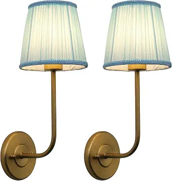 Brass Gold Pale Blue Lace Fabric Shade Wall Sconce Set of 2, Vintage Beige Boho Antique Retro Ind... | Amazon (US)