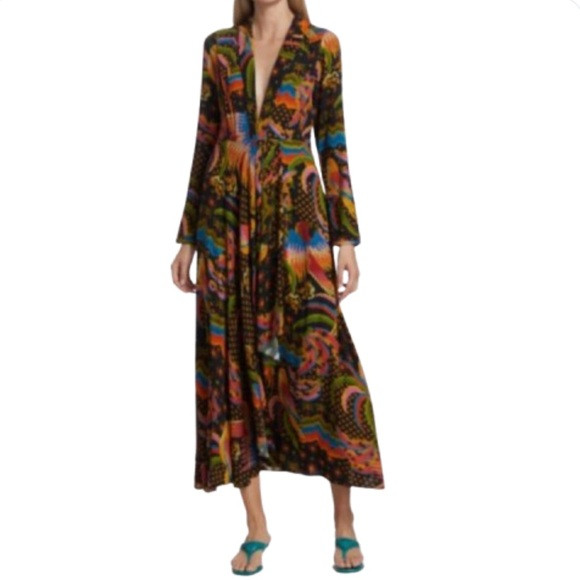 Farm Rio Maxi Dress Macaw Island Print LS Sleeve Black Bird Print Boho Small | Poshmark