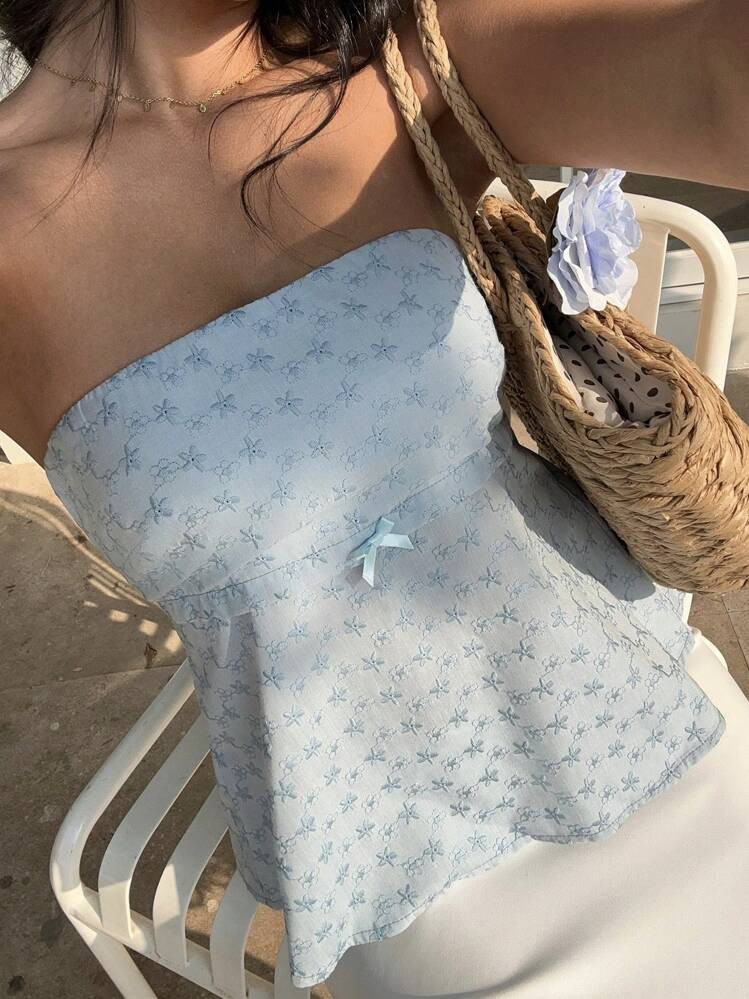 SHEIN SunnyBelle Women's Fashion Vacation Embroidered Bow Bandeau Top | SHEIN