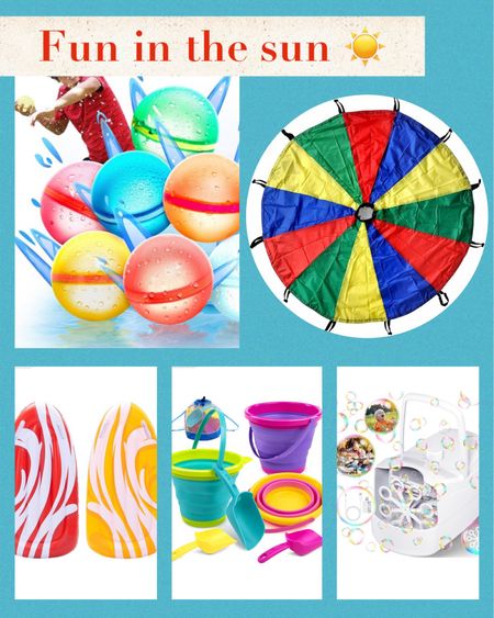 A few favorites for the great outdoors 
Reusable water balloons 
Collapsible sand toys
Bubble machine
Parachute 
Surf / lake boards

#LTKSeasonal #LTKParties #LTKActive