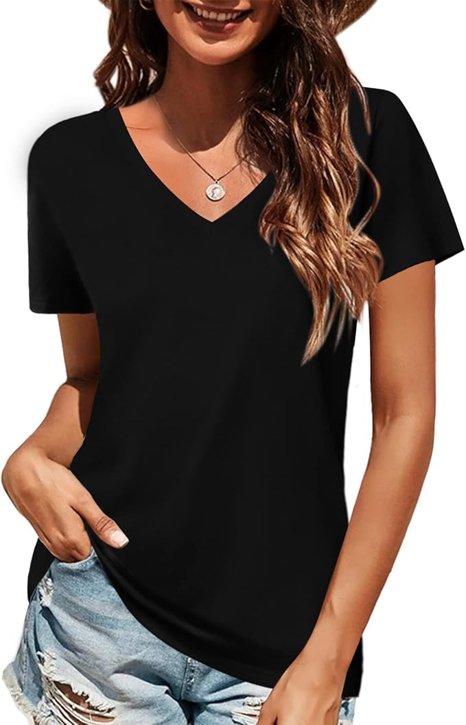 Elesomo Women Shirts V Neck Short/Long Sleeve Cotton Tops T-Shirt Basic Tees | Amazon (US)