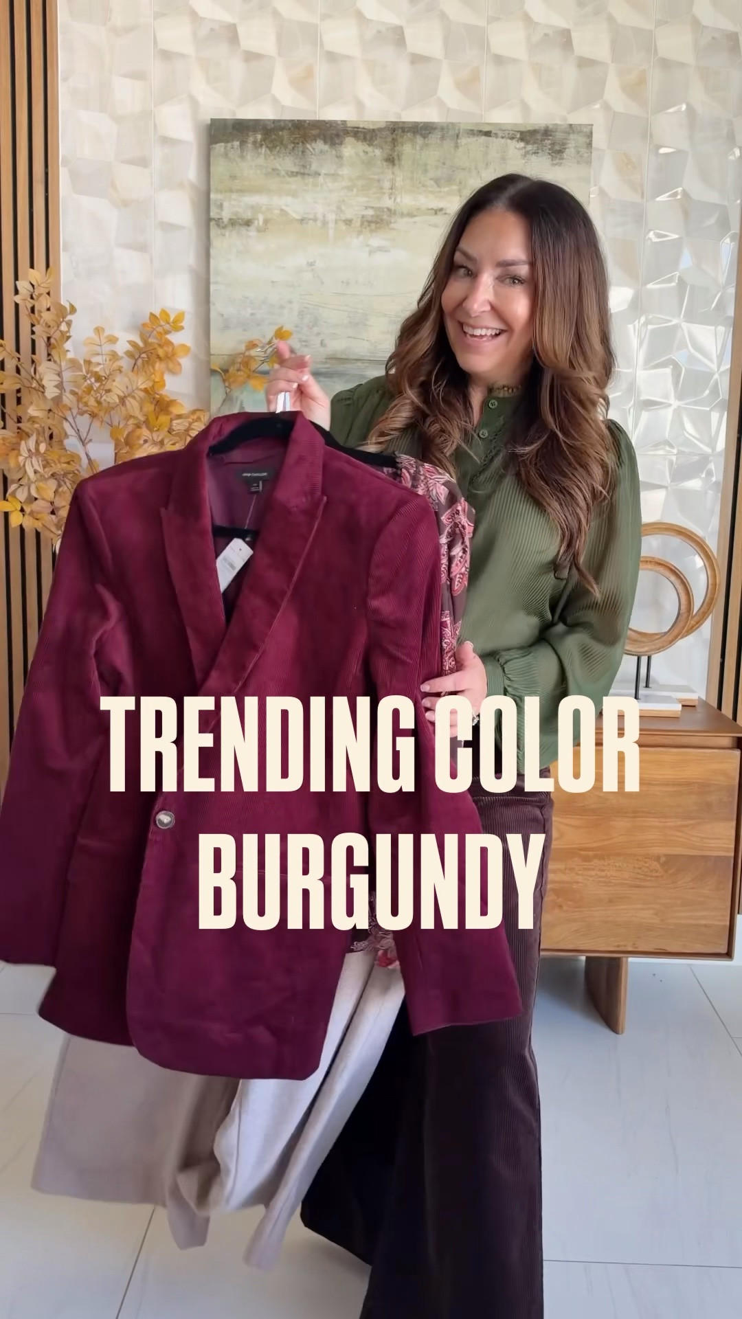 Burgundy outfits for fall 

Wearing large in tops, skirt runs smsll size up if in-between, 12 / pants are high rise and long would have preferred petite wearing 12R