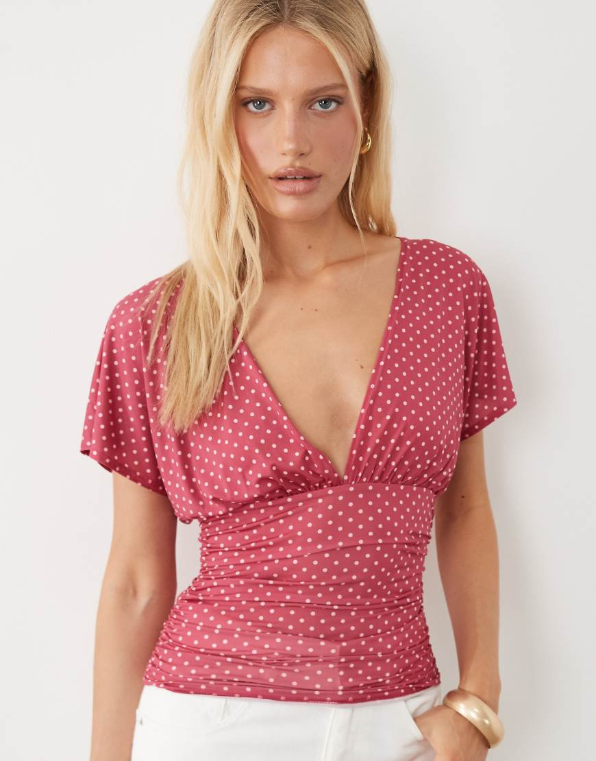Miss Selfridge v-neck top in polka dot print-Pink | ASOS (Global)