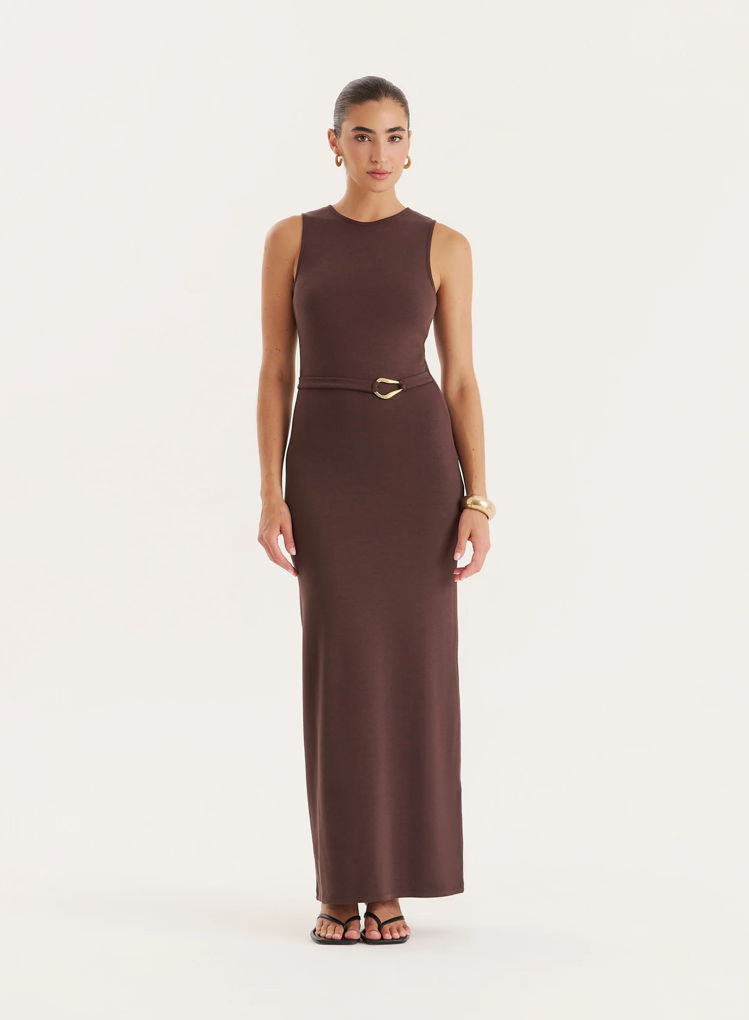 Chocolate Gold Hardware Belt Detail Maxi Dress- Arden | 4th & Reckless