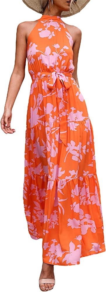Floerns Women's Floral Print Sleeveless Halter Neck Belted Maxi Dress | Amazon (US)
