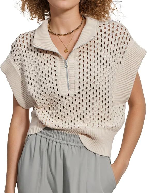 Oversized Hollow Knit Sweater Vest for Women Casual Half-Zip Cap Sleeve Crochet Knit Tank Tops | Amazon (US)