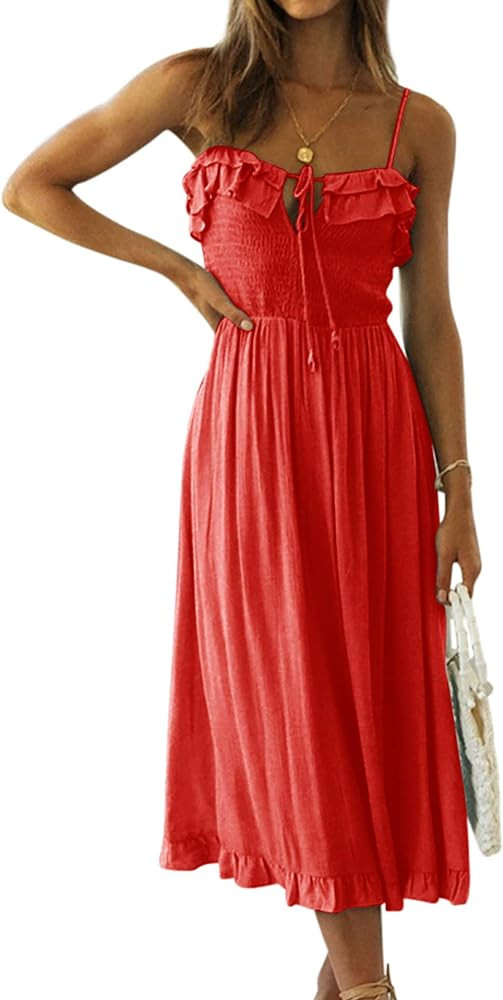 R.Vivimos Womens Summer Cotton Spaghetti Straps V-Neck Ruffle Casual Boho Midi Flowy Dress | Amazon (US)